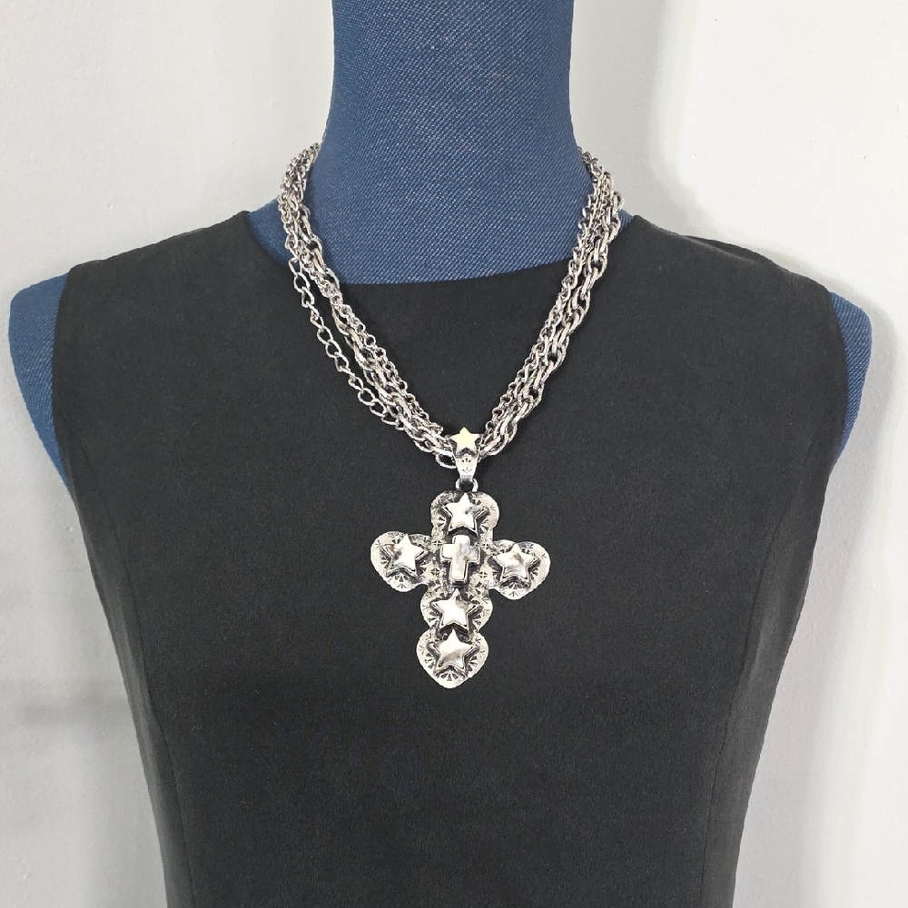 Statement Silver Multi Chain Necklace with Large Cross Pendant & Earrings Set - Picture 9 of 13